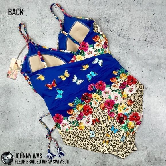 JOHNNY WAS FLEUR BRAIDED WRAP ONE PIECE SWIMSUIT IN FLORAL BLUE PLUS SIZE 2X NEW - Picture 9 of 15